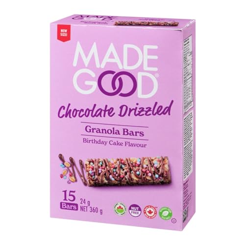 MadeGood Granola Bars Chocolate Drizzled Birthday Cake Flavour - New Size, 15 x 24g, 360g/12.1 oz (Shipped from Canada)