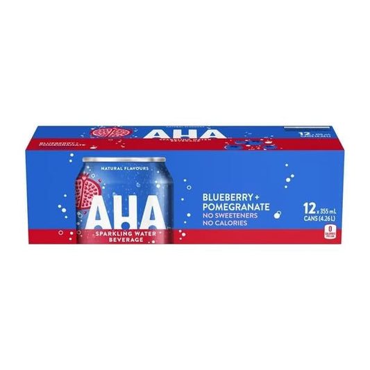 AHA Sparkling Water Beverage Blueberry + Pomegranate Flavor, No Sweeteners, No Calories 355mL Cans, 12 x 355 mL/12 fl. oz (Shipped from Canada)