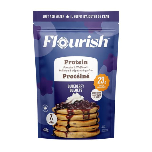 Flourish Blueberry Protein Pancake Mix, High Protein & Fiber, Low Sugar, Whole Ingredients, 430g/15.2 Oz (Shipped from Canada)