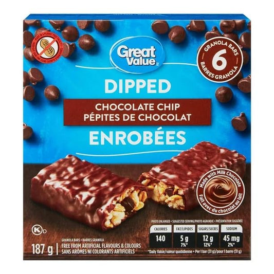Great Value Dipped Chocolate Chip Granola Bars, 6 Bars, 187g/6.6 oz (Shipped from Canada)