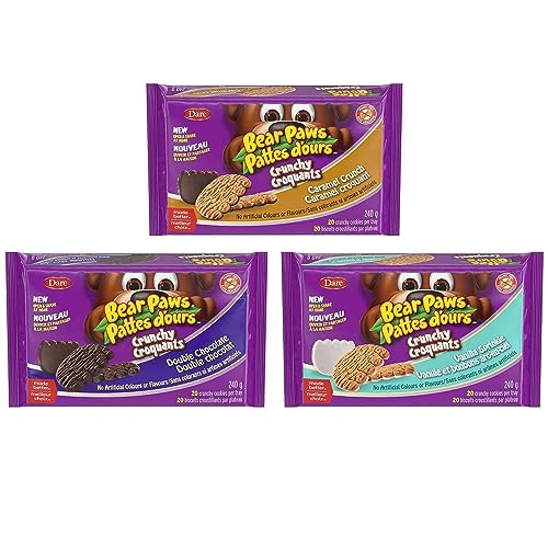 Bear Paws Crunchy Variety Pack, Caramel Crunch, Vanilla Sprinkle, Double Chocolate, 3ct, 240g/8.5oz (Shipped from Canada)