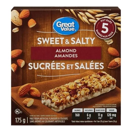 Great Value Sweet & Salty Almond Chewy Nut Bars, 5 Bars, 175g/6.2oz (Shipped from Canada)
