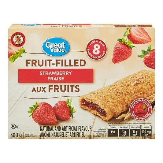 Great Value Strawberry Fruit-Filled Cereal Bars, 8 Bars, 300g/10.6oz (Shipped from Canada)