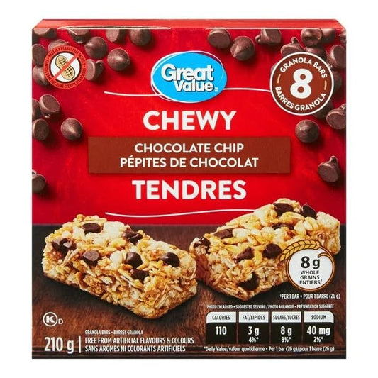 Great Value Chewy Chocolate Chip Granola Bars, 8 Bars, 210g/7.4 oz (Shipped from Canada)