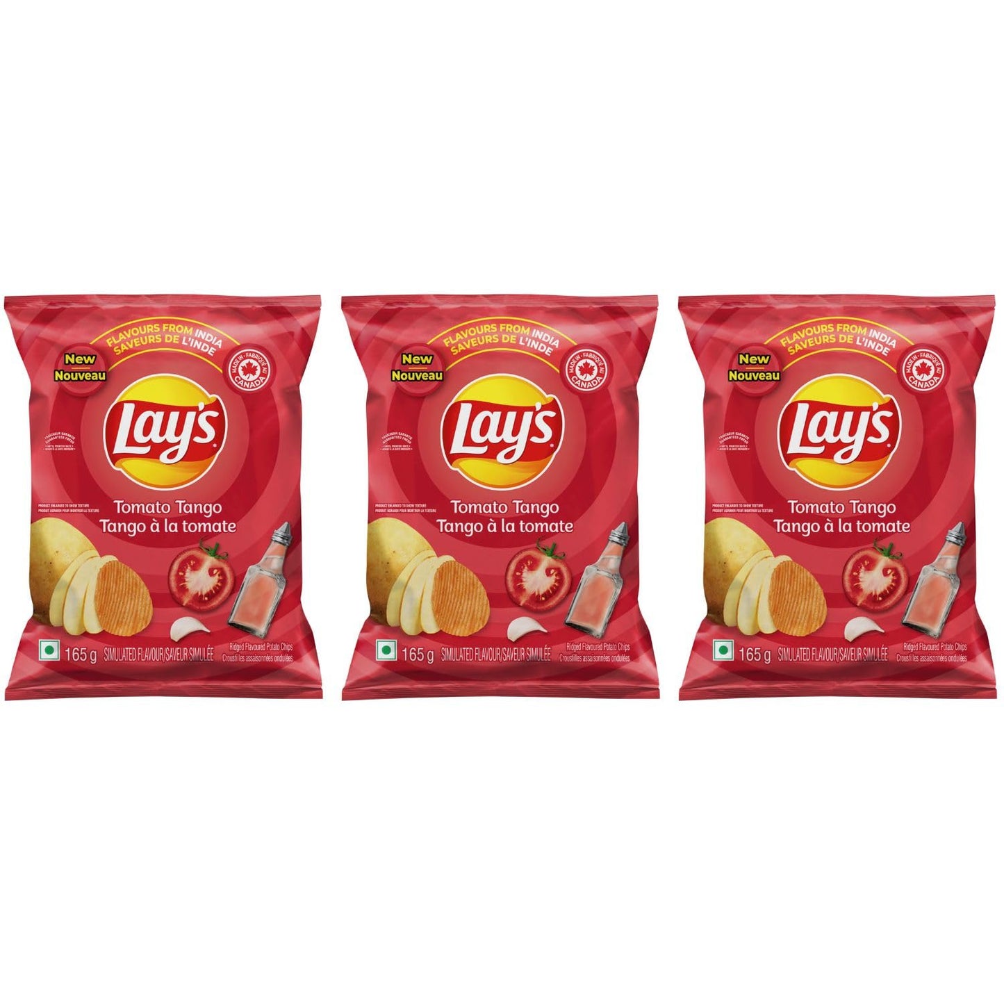 Lays Flavours from India Tomato Tango Ridged Potato Chips pack of 3