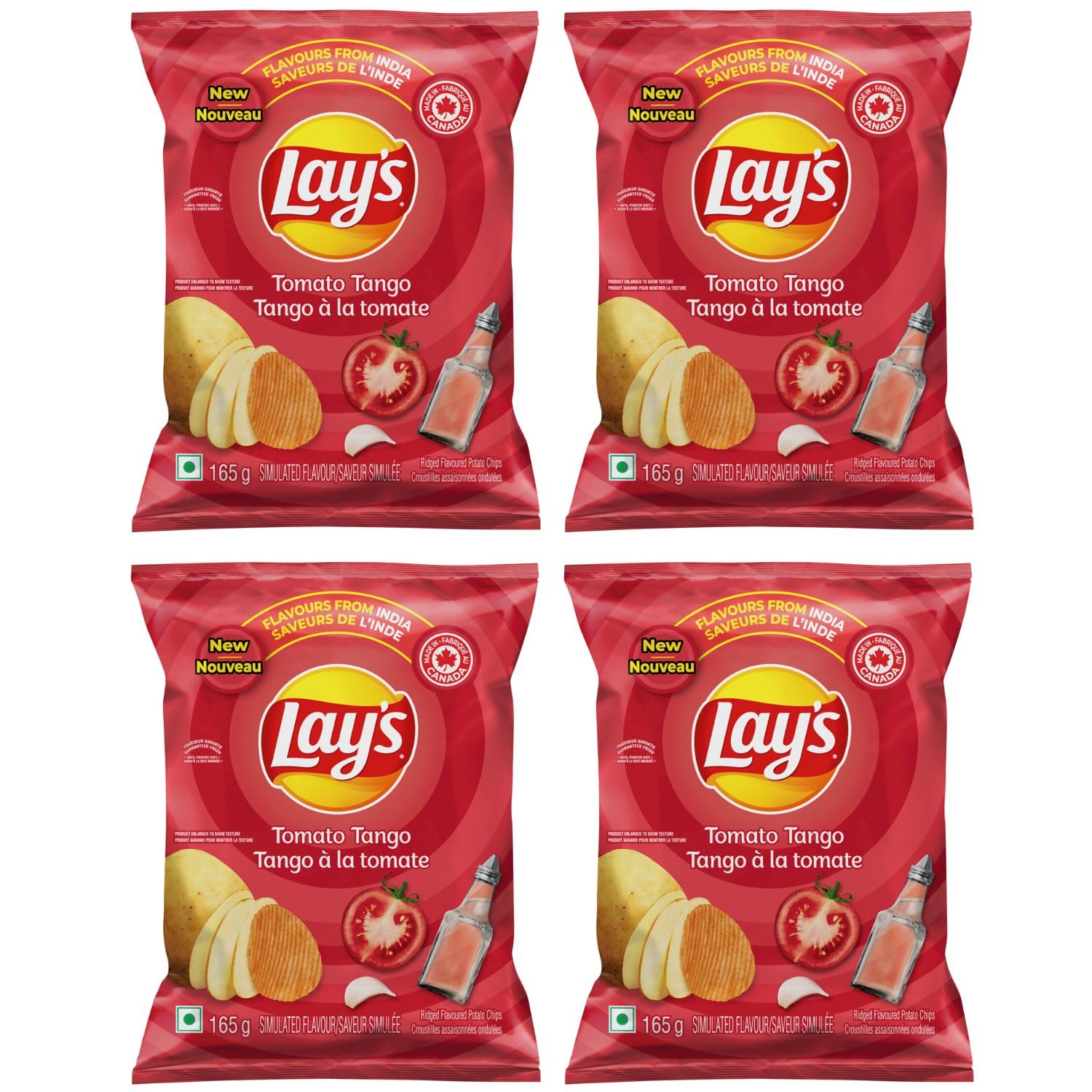 Lays Flavours from India Tomato Tango Ridged Potato Chips pack of 4