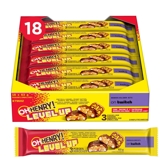 Oh Henry! Level Up Chocolate, Peanut Butter, Caramel & Pretzel Filled Candy Bars Multipack 18 X 63g, 1.13kg/39.8oz (Shipped from Canada)
