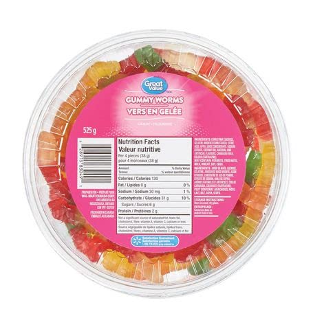 Great Value Tub of Gummy Worms 525g/18.51oz (Shipped from Canada)