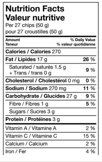 Lays Barbecue Potato Chips Snack Bag Nutritional Facts