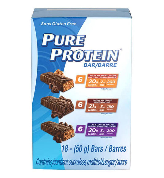 Pure Protein Variety Pack Chocolate Chip, Deluxe & Peanut Butter, 18 X 50g Bars, 900g/31.7oz (Shipped from Canada)