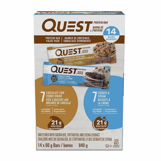 Quest Protein Bar Value Pack Chocolate Chip Cookie Dough Cookies and Cream 14x60g/2.110z (Shipped from Canada)