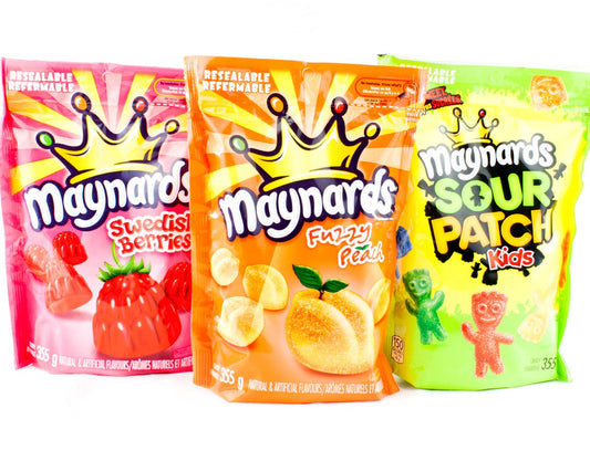 Maynards Bundle of Three Bags Candy Swedish Berries, Fuzzy Peach, Sour Patch Kids (Shipped from Canada)