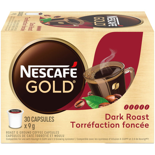 NESCAFE Gold Dark Roast Capsules K-Cup Compatible Pods 30 Count x 9g/0.31oz (Shipped from Canada)