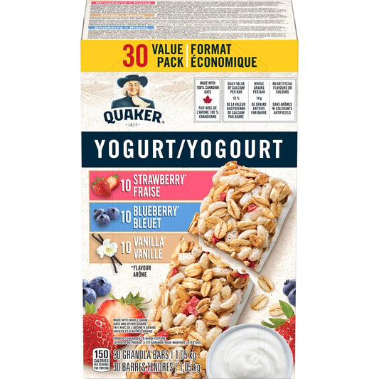 Quaker Yogurt Granola Bars Strawberry, Vanilla, & Blueberry Variety Pack 30 Count, 1.05kg/37.03 (Shipped from Canada)