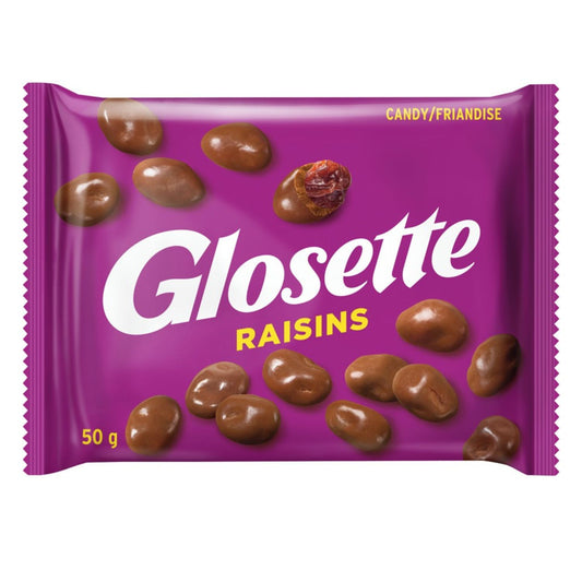 GLOSETTE Raisins Candy, Chocolatey Coated Raisins, Bite-sized Pieces, 18 x 50g/1.8 oz (Includes Ice Pack) Shipped from Canada