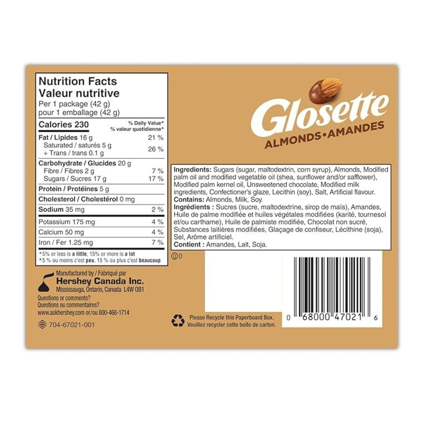 GLOSETTE Almonds Candy, Chocolatey Coated Almonds, Bite Sized, 18 x 42g/1.6 oz (Includes Ice Pack) Shipped from Canada