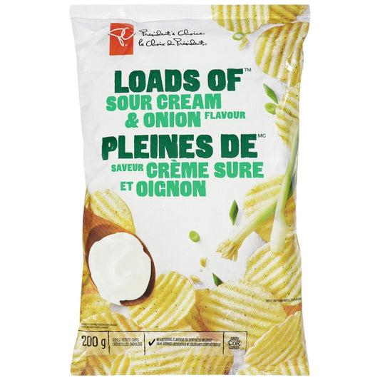 Presidents Choice Loads of Sour Cream and Onion Rippled Potato Chips 200g/7oz (Shipped from Canada)