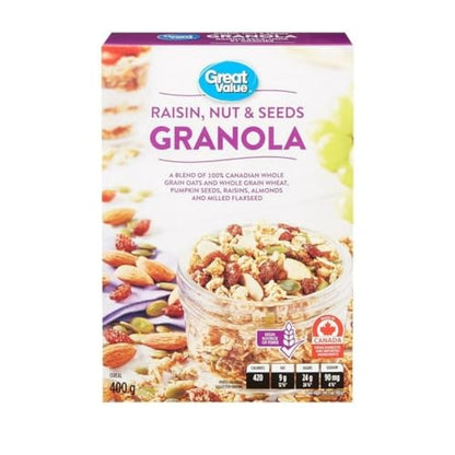 Great Value Granola Cereals, Raisin, Nut, & Seeds, Whole Grain, 400g/14.1 oz (Shipped from Canada)