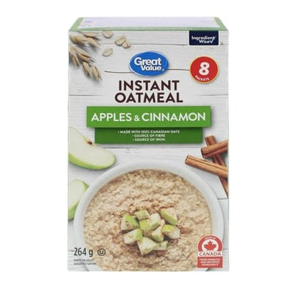 Great Value Apples & Cinnamon Instant Oatmeal, 8 packets, 264g/9.3 oz (Shipped from Canada)