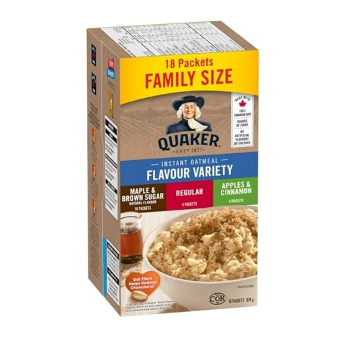 Quaker Instant Oatmeal Flavour Variety, Maple & Brown Sugar, Regular, Apples & Cinnamon, 18ct, 694g/24.5 oz (Shipped from Canada)