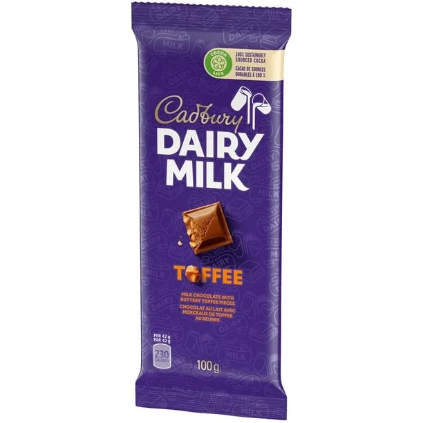 Cadbury Dairy Milk, Toffee, Milk Chocolate With Buttery Toffee Pieces, Chocolate Bar, 100g/3.52oz (Includes Ice Pack) (Shipped from Canada)