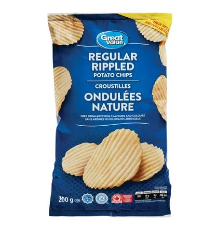 Great Value Regular Rippled Potato Chips front cover