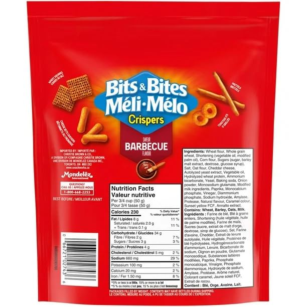 Christie Crispers Bits & Bites Barbecue Flavour Snack & Cracker Mix, 145g/5.1 oz (Shipped from Canada)