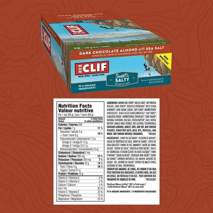 Clif Bar Sweet & Salty Dark Chocolate Almond with Sea Salt Energy Bars, Non-GMO, Plant Based Food, 12 Bars x 68g/2.4 oz (Shipped from Canada)