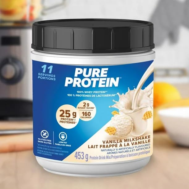 Pure Protein Vanilla Milkshake, 100% Whey Protein Powder 453g/16oz (Shipped from Canada)