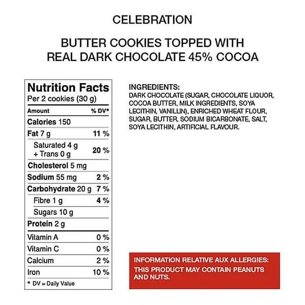 Celebration Dark Chocolate 45% Cocoa Butter Cookies  Nutrition Facts