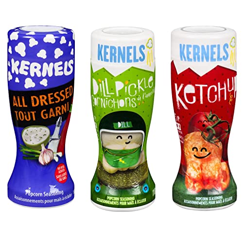 Kernels Popcorn Seasoning Variety Pack, (3 Flavors) All Dressed, Dill Picke, Ketchup (Shipped from Canada)