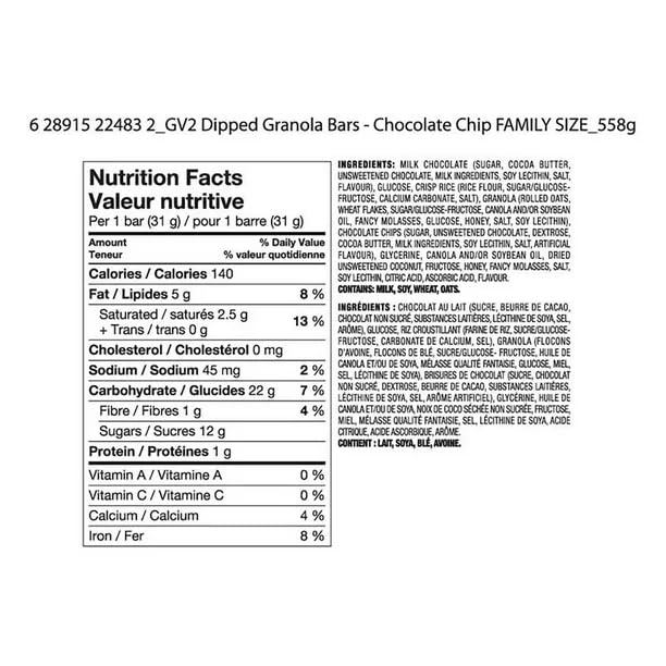 Great Value Chocolate Dipped Granola Bars Family Size Nutrition Facts