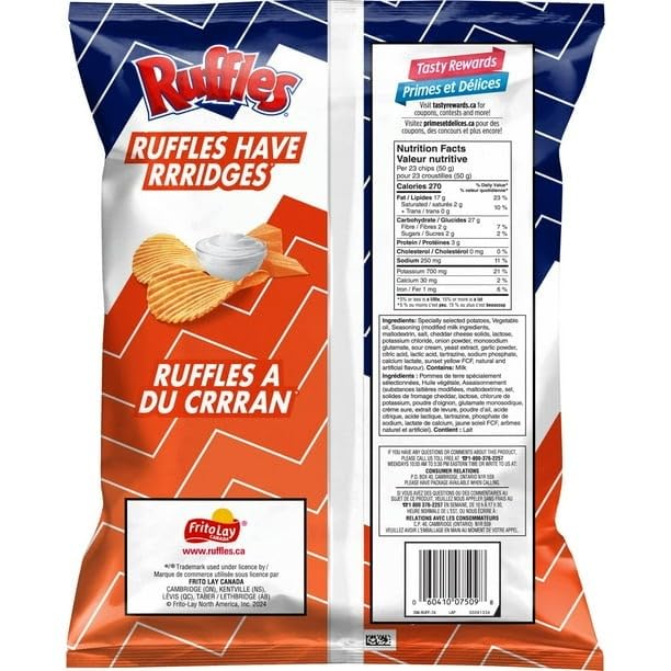 Ruffles New Cheddar & Sour Cream Chips, 200g/7.05 oz (Shipped from Canada )