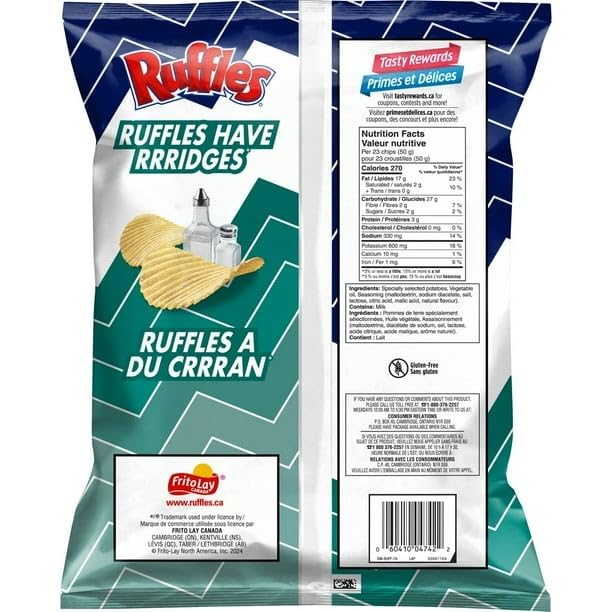 Ruffles New Salt & Vinegar Potato Chips, 200g/7.05 oz (Shipped from Canada)