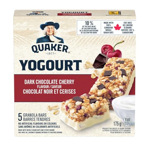 QUAKER Yogourt Dark Chocolate Cherry Granola Bars - Made with 100% Canadian Whole Grain Oats, 175g/6.2 oz (Shipped from Canada)