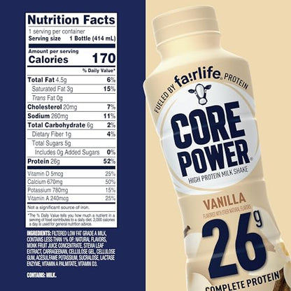 Fairlfe Core Power 26g Protein Milk Shakes Variety Pack (Pack of 8), Chocolate, Vanilla, Strawberrry Banana, Banana, Made with Canadian Milk, 414mL/14 fl. oz. (Shipped from Canada)