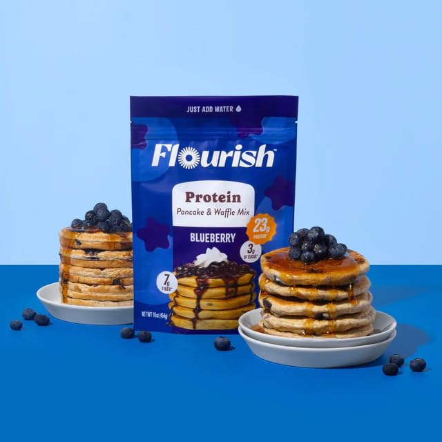 Flourish Blueberry Protein Pancake Mix, High Protein & Fiber, Low Sugar, Whole Ingredients, 430g/15.2 Oz (Shipped from Canada)