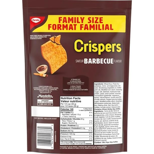 Christie Crispers Barbecue Flavour Family Size Salty Snacks, 240g/8.47 oz (Shipped from Canada)