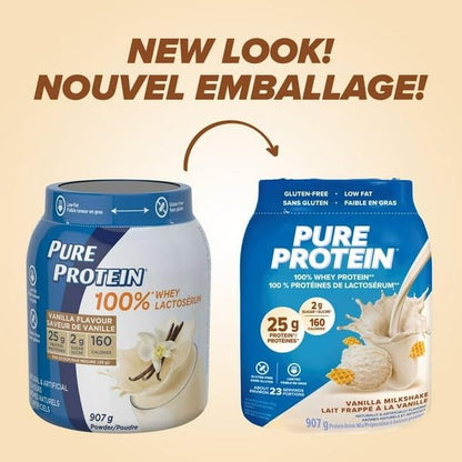 Pure Protein 100% Whey Protein Powder Vanilla Milkshake, 25g Protein and 2g Sugar/Scoop, 907g/2 lbs (Shipped from Canada)