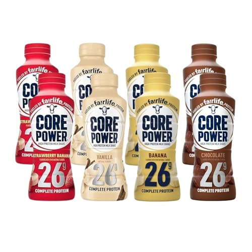 Fairlfe Core Power 26g Protein Milk Shakes Variety Pack (Pack of 8), Chocolate, Vanilla, Strawberrry Banana, Banana, Made with Canadian Milk, 414mL/14 fl. oz. (Shipped from Canada)