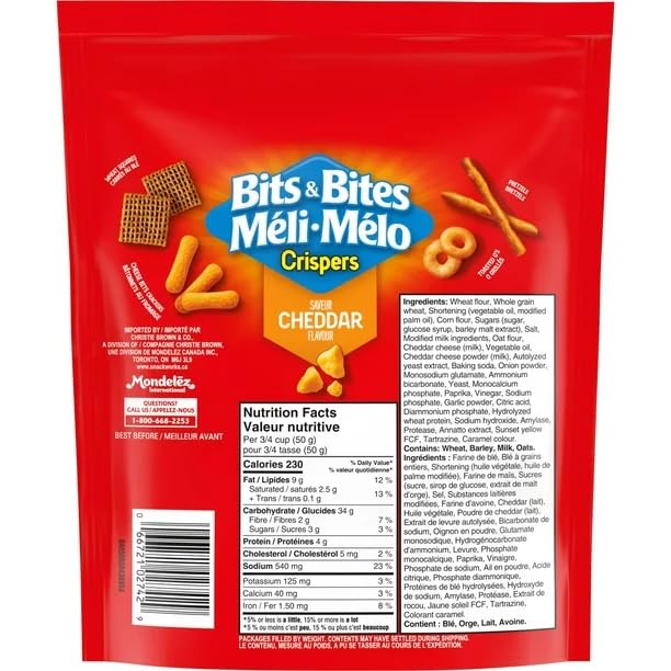 Christie Crispers Bits & Bites Cheddar Snack Mix back cover