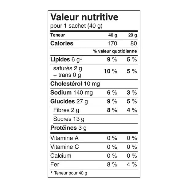 Dare Bear Paws Chocolate Chip Cookies  Nutrition facts french