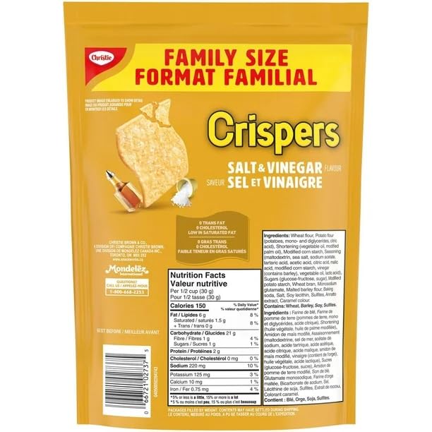 Christie Crispers Salt & Vinegar Flavour Family Size Salty Snacks, 240g/8.5oz (Shipped from Canada)