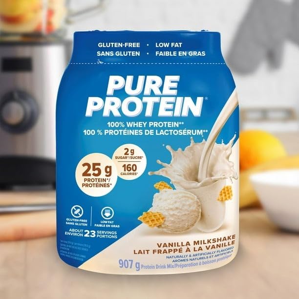 Pure Protein 100% Whey Protein Powder Vanilla Milkshake, 25g Protein and 2g Sugar/Scoop, 907g/2 lbs (Shipped from Canada)