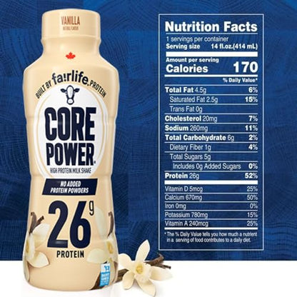 Fairlife Core Power 26g Protein Milk Shakes, Vanilla Made with Canadian Milk, 414mL/14 fl. oz. (Shipped from Canada)