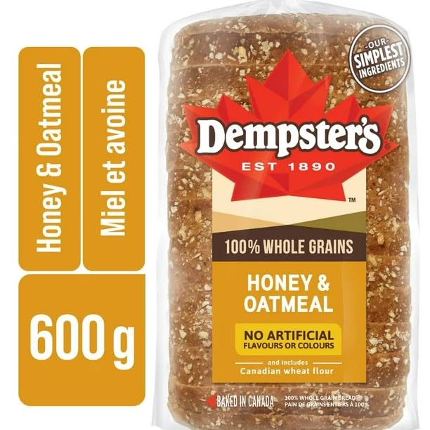 Dempster’s 100% Whole Grains Honey & Oatmeal Sliced Bread, 600g/21.16oz (Shipped from Canada)