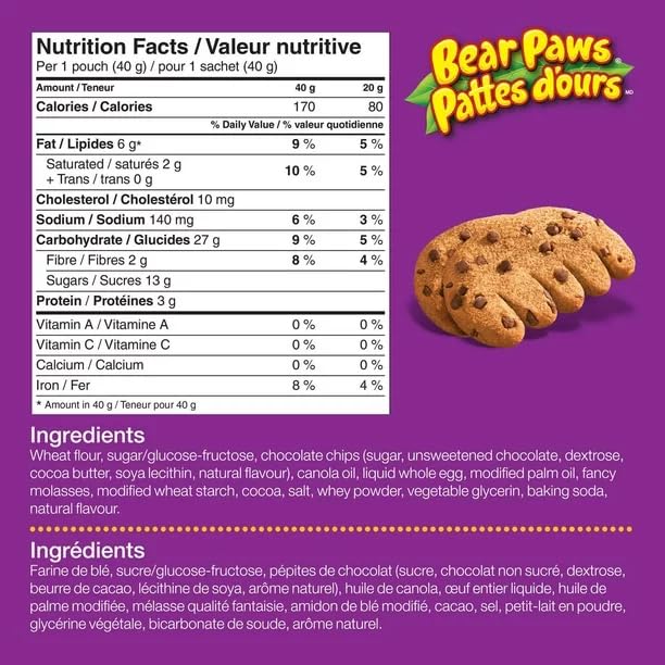 Dare Bear Paws Chocolate Chip Cookies nutrition facts