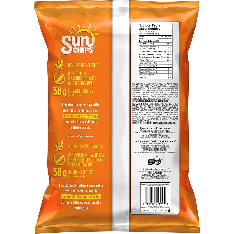 Sun Chips Harvest Cheddar Flavour Multigrain back cover