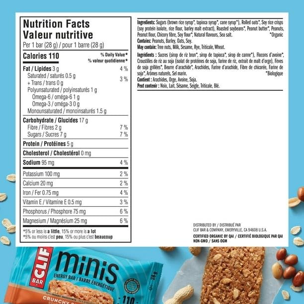 CLIF Bar Minis Energy Bar, Crunchy Peanut Butter, 10 x 28g, 280g/9.9 oz (Shipped from Canada)