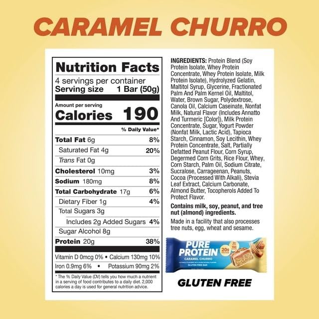 Pure Protein New Caramel Churro, 20g Protein, Gluten Free, 6 Bars x 50g/1.7 oz (Shipped from Canada)